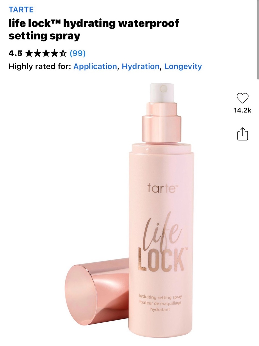 Tarte life lock waterproof setting spray